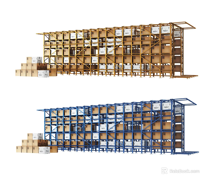 Yellow and Blue Warehouse Shelving Units Loaded with Cartons and Stacked Packages 3d model 