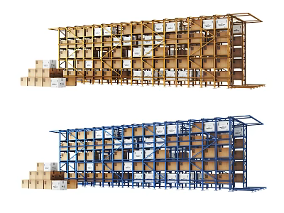 Yellow and Blue Warehouse Shelving Units Loaded with Cartons and Stacked Packages 3d model