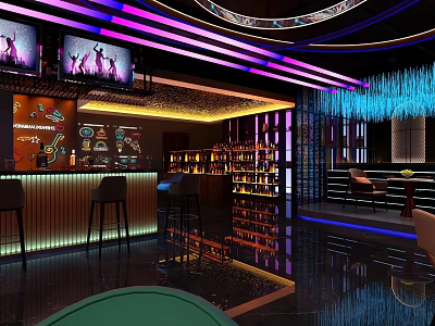 Modern Bar Featuring Neon Lighting Bar Counter Wine Cabinets High Stools Colorful Lights Decorative Paintings 3d model