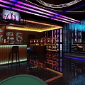 Modern Bar Featuring Neon Lighting Bar Counter Wine Cabinets High Stools Colorful Lights Decorative Paintings