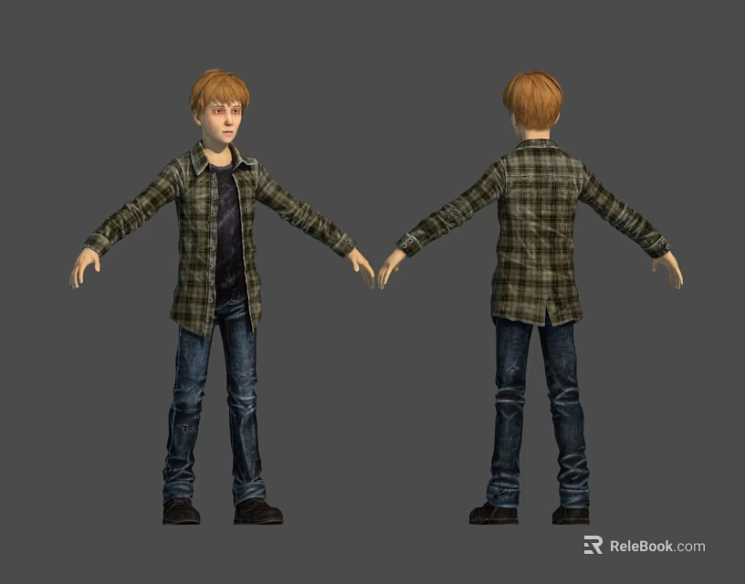 Young Boy 3D Character Model With Front And Back Views In Plaid Shirt And Jeans 3d model 