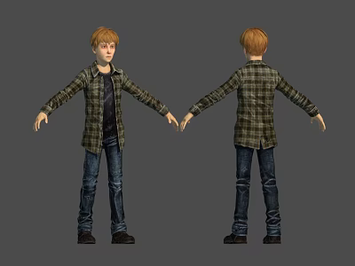 Young Boy 3D Character Model With Front And Back Views In Plaid Shirt And Jeans 3d model