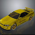 Shiny Yellow Two Door Sports Car with Rear Spoiler Golden Wheels and Stylish Decals