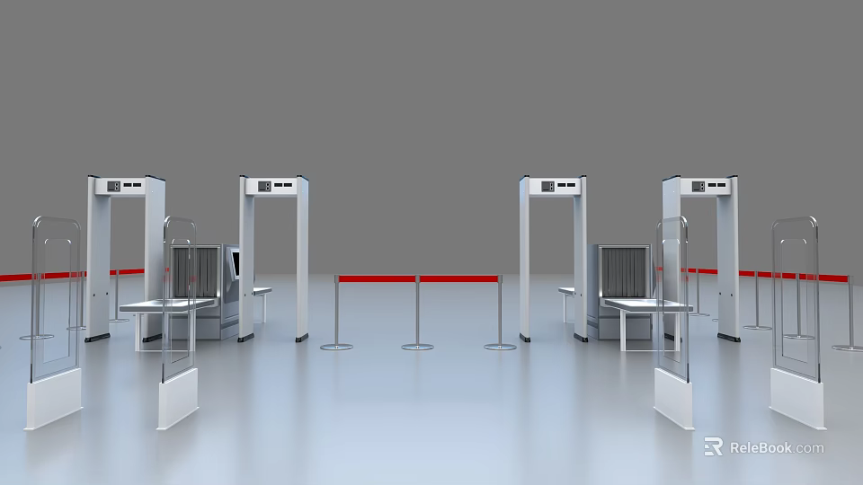 Modern Commercial Security Equipment With Multiple Metal Detector Gates Barriers And Tables 3d model 