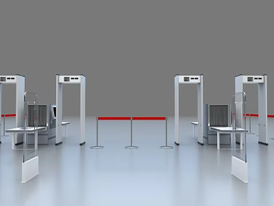 Modern Commercial Security Equipment With Multiple Metal Detector Gates Barriers And Tables 3d model