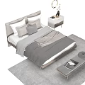 Modern Minimalist Double Bed with Gray Blanket Pillows Bedside Table and Soft Rug 3d model