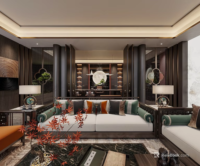 Chinese Style Living Room Interior With Dark Wooden Decor Round Mirror Colorful Cushions And Sofa 3d model 