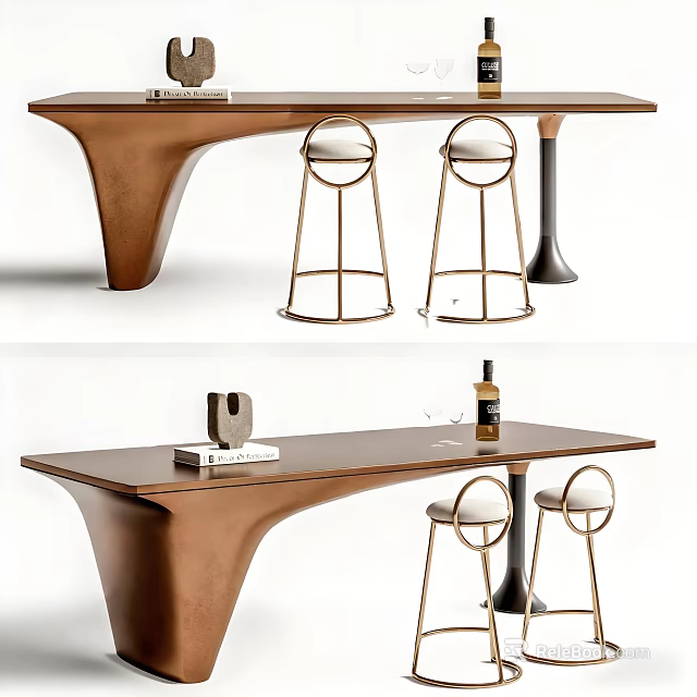 Modern Bar Area Interior With Curved Wooden Counter Metal Frame Stools And Decorative Items 3d model 