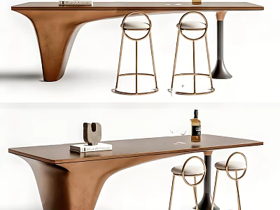 Modern Bar Area Interior With Curved Wooden Counter Metal Frame Stools And Decorative Items 3d model