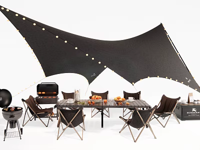 Outdoor Table Setup With Grill Chairs Canopy And String Lights For Patio Use 3d model