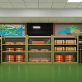 Classroom Storage Space With Green Floor Shelves Orange Rolls Boxes And Wall Maps