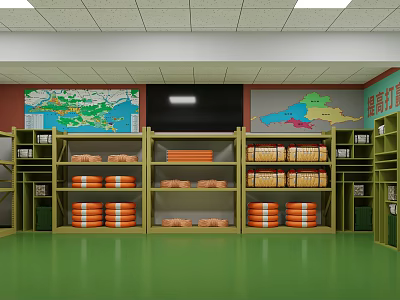 Classroom Storage Space With Green Floor Shelves Orange Rolls Boxes And Wall Maps 3d model