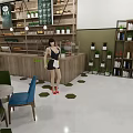 Café Interior Design With Blue Green Chairs Wooden Slat Partition Hanging Lights And Open Space