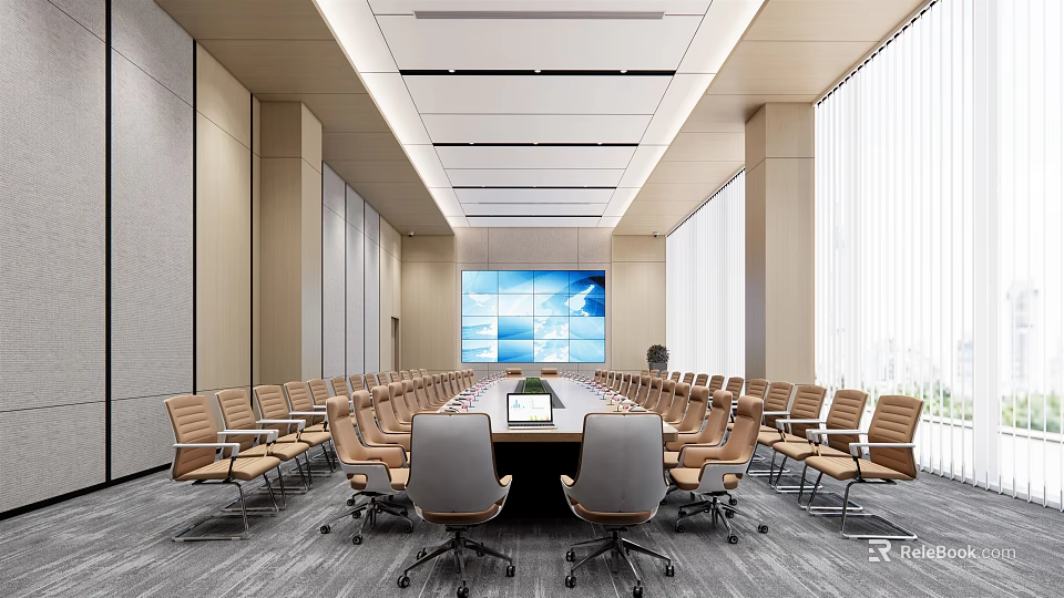 Modern Spacious Conference Room Interior With Long Table Large Screen And Floor to ceiling Windows 3d model
