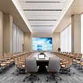 Modern Spacious Conference Room Interior With Long Table Large Screen And Floor to ceiling Windows 3d model