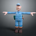 Cartoon Style Game Movie Character In Blue Uniform With Green Backpack And Outstretched Arms