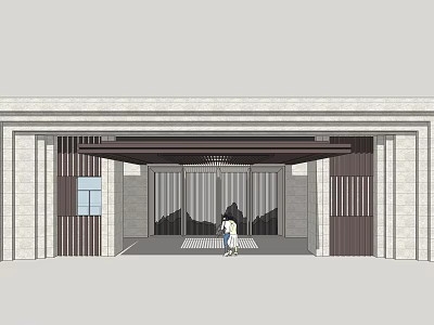 Modern Entrance Gate Design With Stone Wall Panels Metal Slats And Canopy 3d model