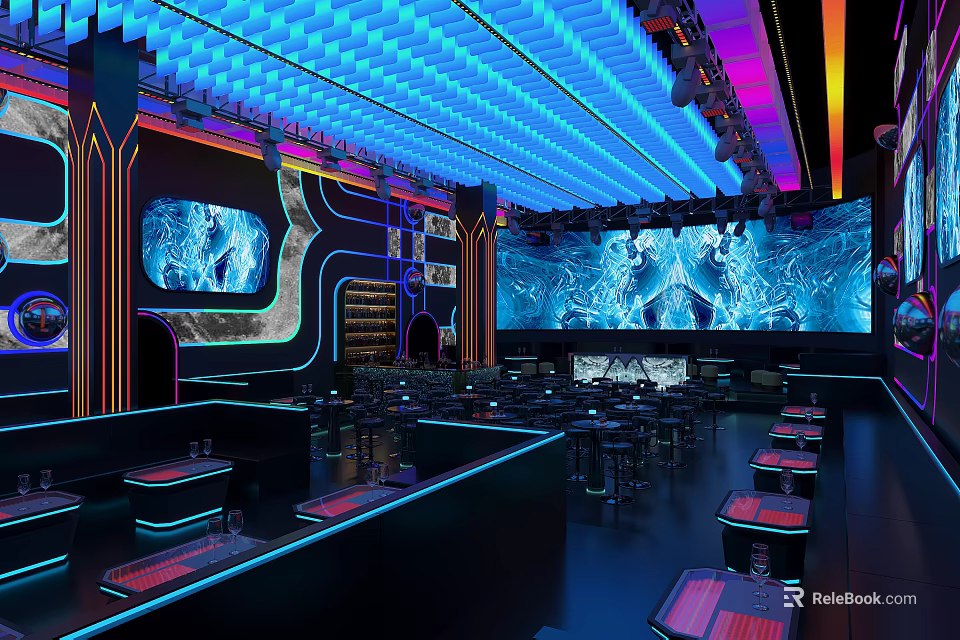 Stylish Bar Interior Design With Colorful Neon Lights Large Screens And Seating Areas 3d model 