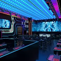 Stylish Bar Interior Design With Colorful Neon Lights Large Screens And Seating Areas
