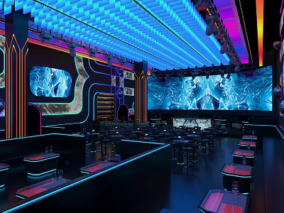 Stylish Bar Interior Design With Colorful Neon Lights Large Screens And Seating Areas 3d model