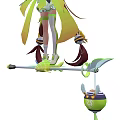Game Movie Character with Green Yellow Outfit Twin Ponytails White Stockings and Leaf Decorated Weapon