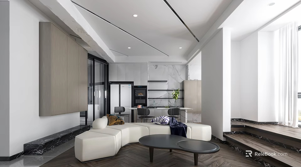 Modern Living and Dining Room With White Curved Sofa Black Coffee Table And Wooden Cabinets 3d model 