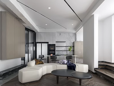 Modern Living and Dining Room With White Curved Sofa Black Coffee Table And Wooden Cabinets 3d model