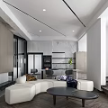 Modern Living and Dining Room With White Curved Sofa Black Coffee Table And Wooden Cabinets