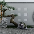 White Feature Wall with Curved Pine Tree Rocks Square Openings and Circular Decoration 3d model