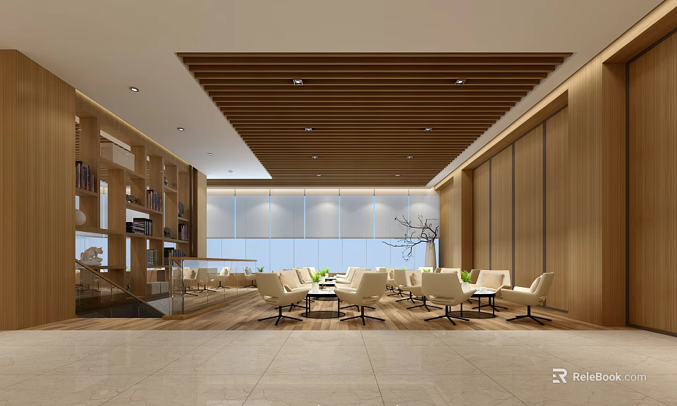 Modern Lounge Area Design With Wooden Ceiling White Sofas And Coffee Tables 3d model