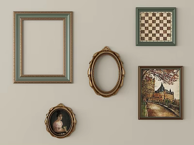 Decorative Picture Frames In Various Shapes Colors With Art Prints And Portrait 3d model