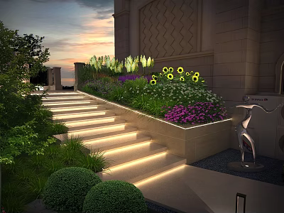 Evening Garden Landscape With Illuminated Steps Colorful Flowers Sculpture And Greenery 3d model