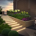 Evening Garden Landscape With Illuminated Steps Colorful Flowers Sculpture And Greenery