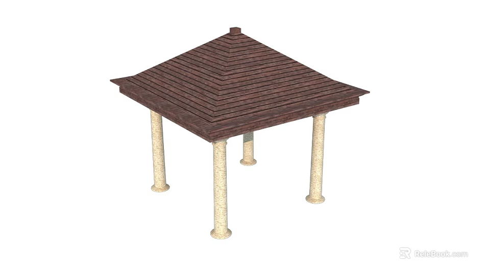 Traditional Gazebo Structure With Brown Wooden Shingle Roof And Stone Columns 3d model 