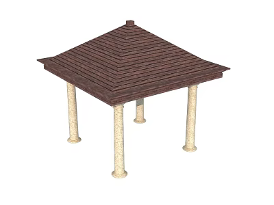 Traditional Gazebo Structure With Brown Wooden Shingle Roof And Stone Columns 3d model