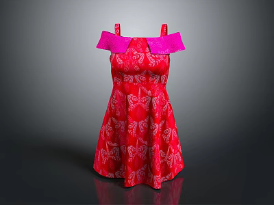 Stylish Red Dress With Pink Off The Shoulder Straps And Floral Print Design 3d model