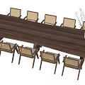 Walnut Wooden Conference Table with Woven Seat Chairs and White Vase Dried Branches
