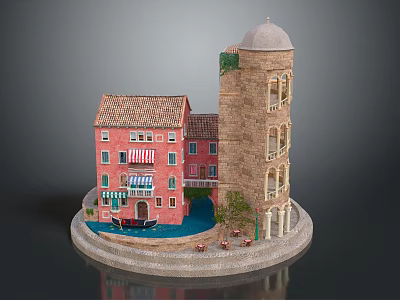 Red Residential Building With Tower Arched Windows Awning And Small Boat By Water Pool 3d model