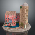 Red Residential Building With Tower Arched Windows Awning And Small Boat By Water Pool