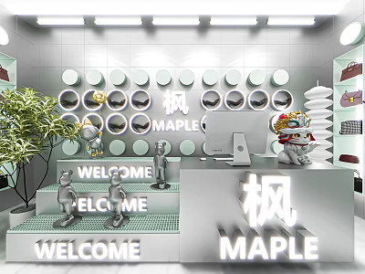 Modern MAPLE Specialty Store Interior With Welcome Signs Plants And Figurines 3d model