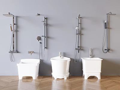 Modern Shower Heads with Multiple Styles and White Bases on Gray Wall Wooden Floor 3d model