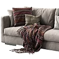 Cozy Gray Three Seater Sofa With Patterned Throw Pillows And Knitted Blanket 3d model