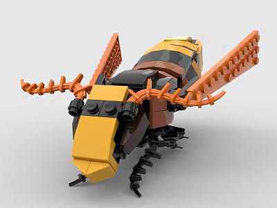 Detailed Insect Model Constructed From Building Blocks Featuring Orange Wings And Black Legs 3d model