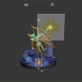 Game Movie Character Golden Angel With Spread Wings Glowing Weapon And Blue Base Flame