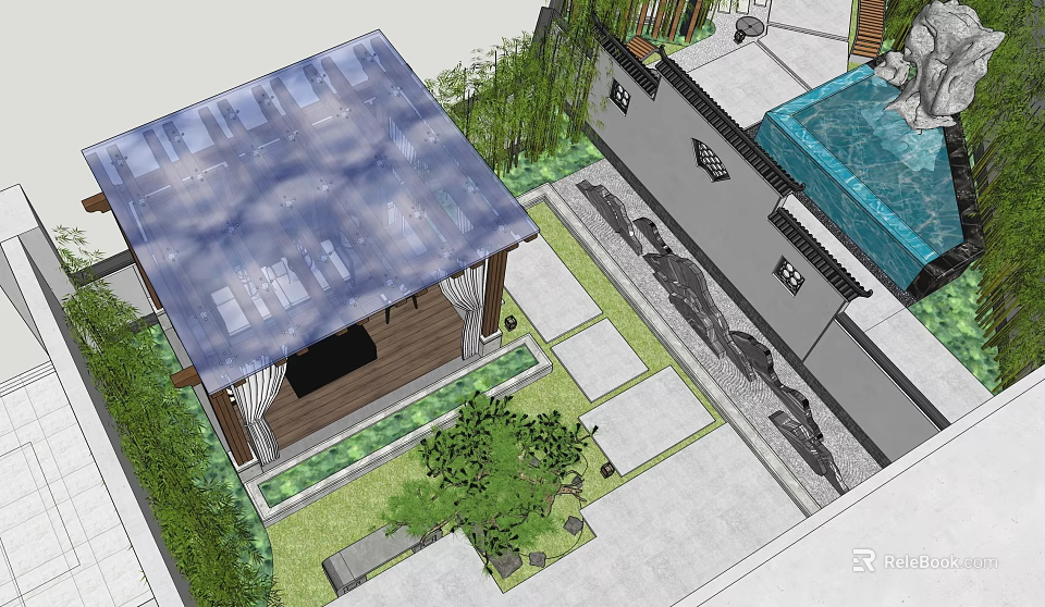 Rooftop Garden Design Featuring Glass Roof Wooden Pavilion Green Plants and Stone Path 3d model 