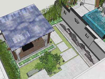 Rooftop Garden Design Featuring Glass Roof Wooden Pavilion Green Plants and Stone Path 3d model