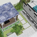 Rooftop Garden Design Featuring Glass Roof Wooden Pavilion Green Plants and Stone Path