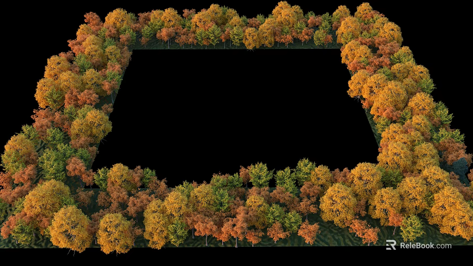 Arbor Trees Forming Square Frame With Autumn Yellow Orange Green Leaves On Grass Ground 3d model 
