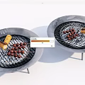 Two Round Gray Grills With Meatball Skewers And Sausages On Grates