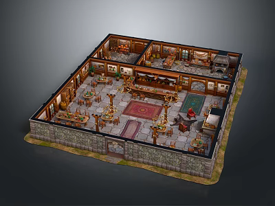 Traditional Indoor Hall With Wooden Furniture Rugs Tables And Decorative Paintings 3d model